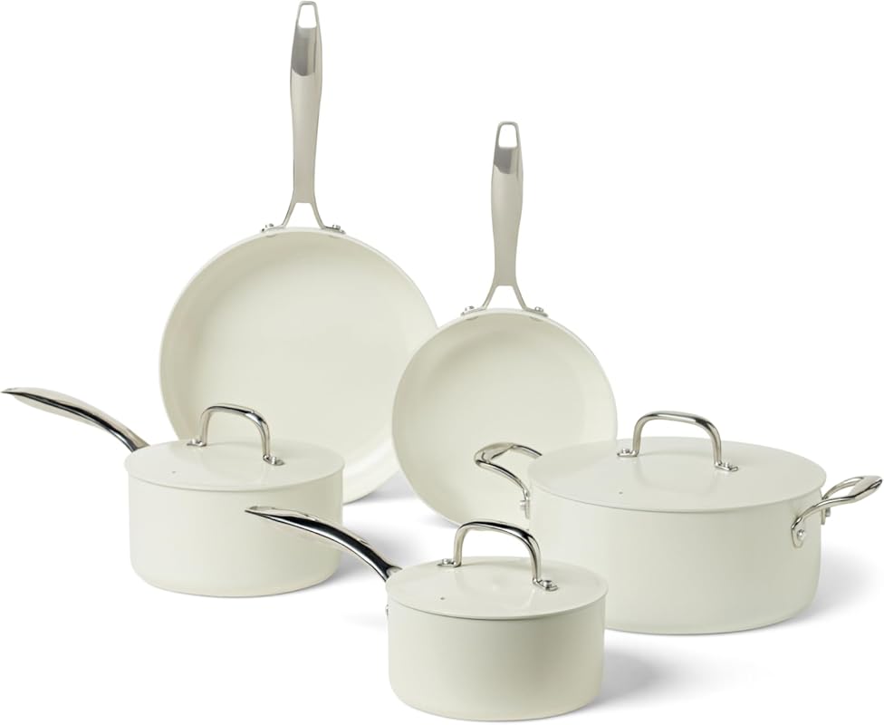 Amazon Basics 8-Piece Ceramic Nonstick Cookware Set, Pots and Pans, Di