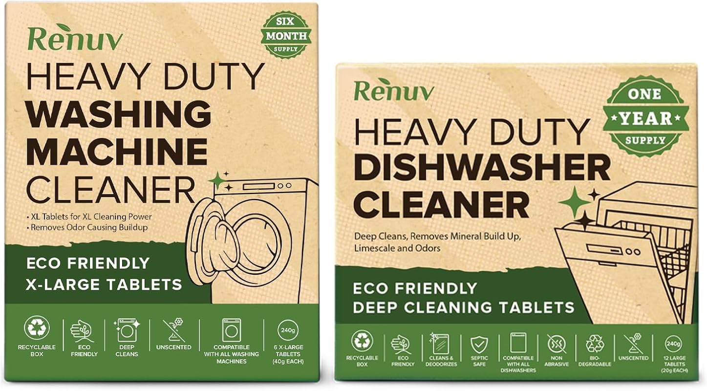 Renuv Heavy Duty Washing Machine & Dishwasher Cleaner Bundle for Deep 
