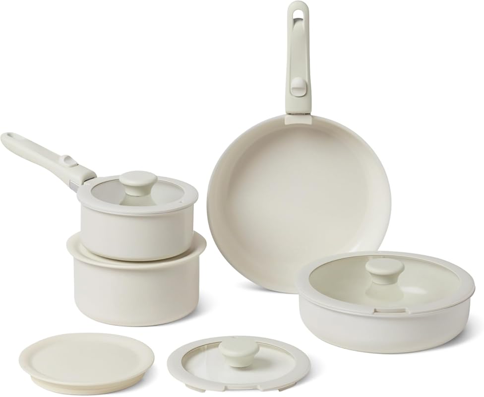 Amazon Basics 11-Piece Ceramic Nonstick Cookware Set: Stackable Pots &