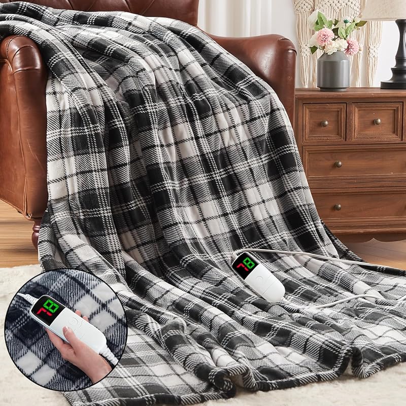 Black Plaid Heated Throw Blanket 50x60, 10 Heat Levels, 8hr Auto-Off,