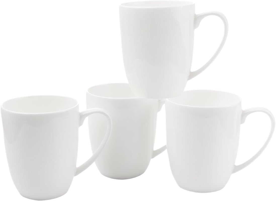 Large 16 oz Fine Bone China White Coffee Mugs, Set of 4, Lightweight, 