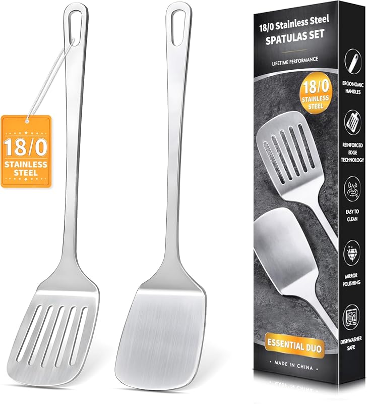 Heavy Duty Stainless Steel Spatula Set (2-Piece), Solid & Slotted Meta