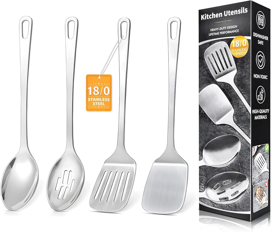 4-Piece Stainless Steel Cooking Utensil Set – Heat Resistant Metal Kit