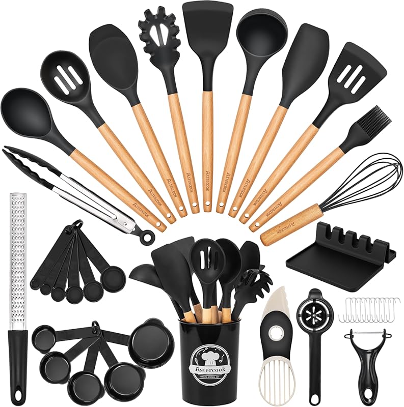 Astercook 39-Piece Silicone Kitchen Utensils Set, Wooden Handle, 446°F