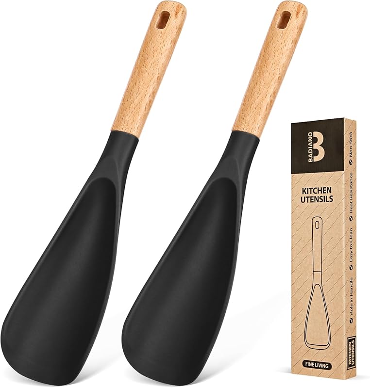 Pack of 2 Matte Silicone Cooking Spoons with Wood Handles - Nonstick, 
