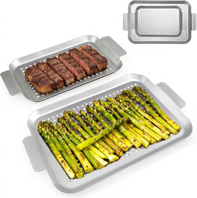 Grill Topper Non-Stick Grilling Pans Set of 2, Durable Metal Trays for