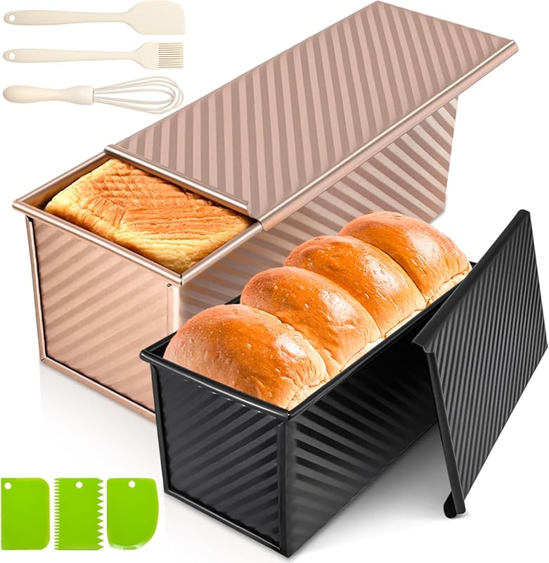 Non-Stick Carbon Steel Pullman Loaf Pans with Lids, 2-Pack for Sourdou