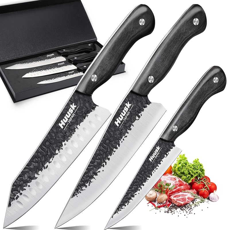 Huusk Hand Forged Japanese Chef Knife Set: ATS-34 Carbon Steel, Wooden