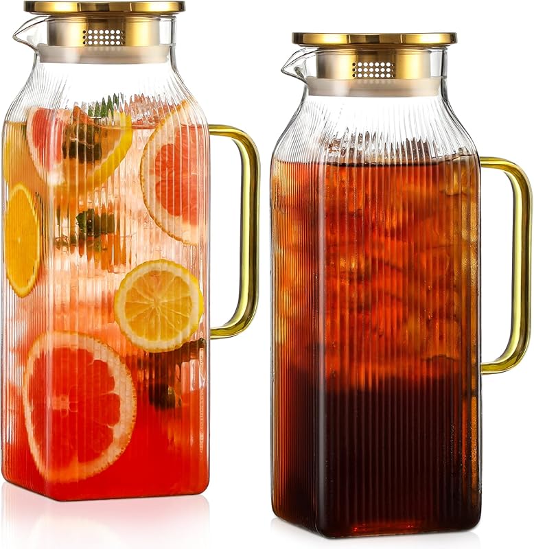 2-Pack Borosilicate Square Glass Pitchers, 2 Liter (68oz) with Lid & H