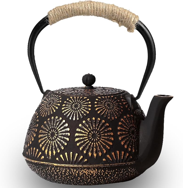 40oz Black Gold Cast Iron Tetsubin Teapot, Enameled Stovetop Kettle wi