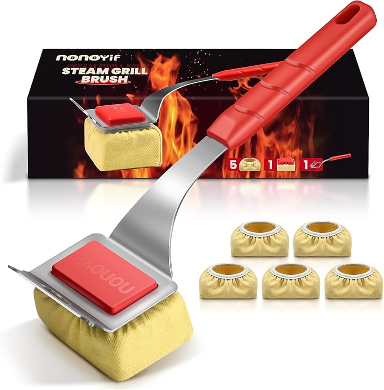 Bristle-Free Steam Grill Brush & Scraper with 5 Replaceable Pads for S