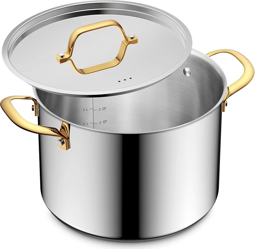 BEZIA 6 Quart Stainless Steel Stockpot with Lid, Triple-Layer Bottom,