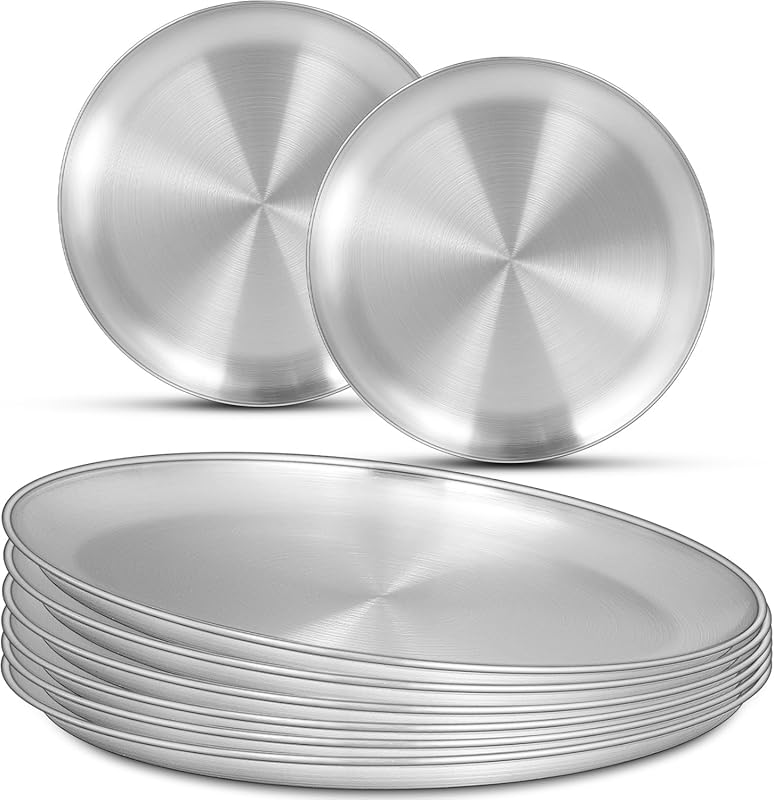 EWFEN 8 Pack Stainless Steel Plates: 10-Inch Metal, Lightweight, Unbre