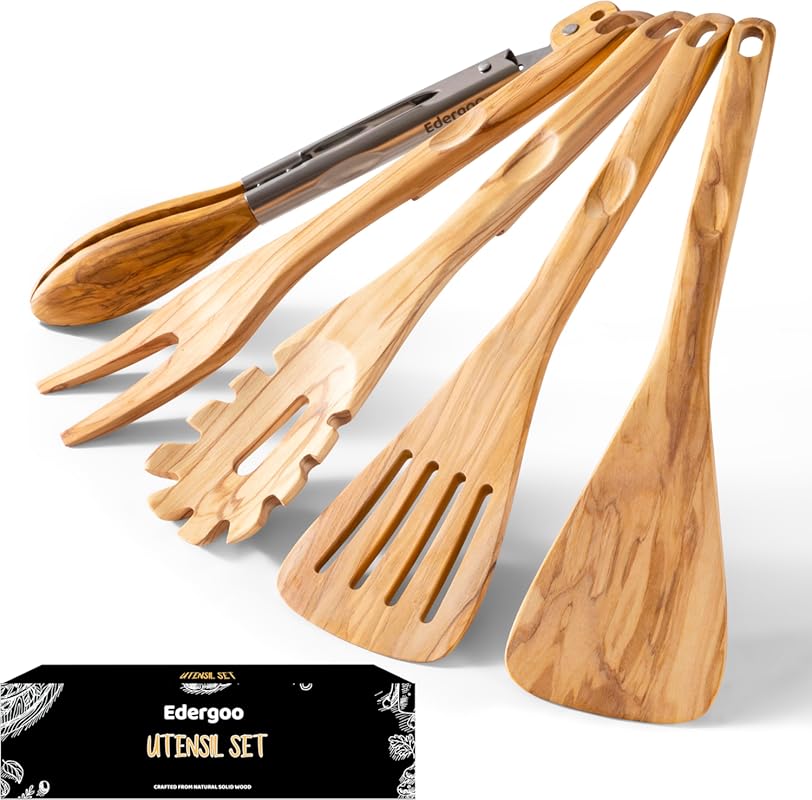 Natural Olive Wood 5-Piece Cooking Utensils Set with Tong – Non-Stick 