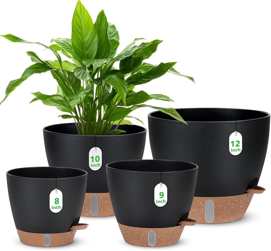 Multi-Size Self-Watering Plastic Planters Set (12/10/9/8 Inch) with Wa