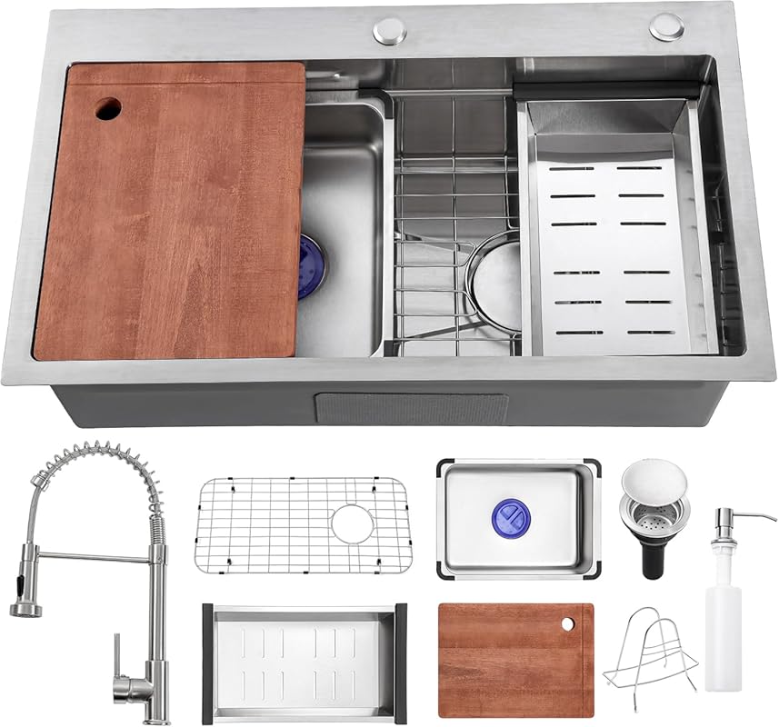 30 Inch Drop-In Kitchen Sink & Faucet Combo, Modern Farmhouse Workstat