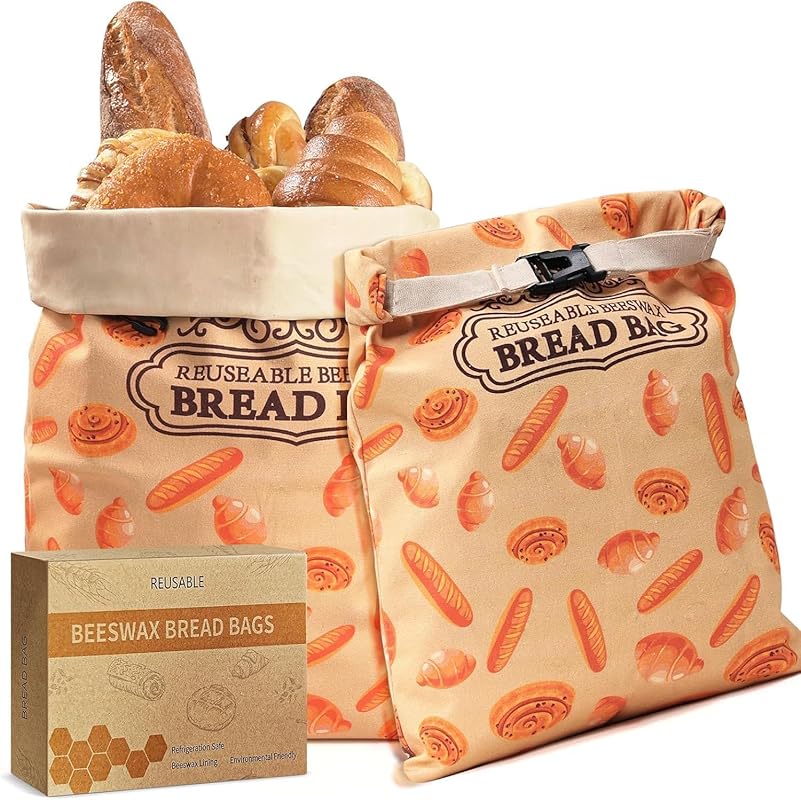 2 Pack XL Reusable Natural Beeswax Sourdough Bread Bags, Cotton Lined,