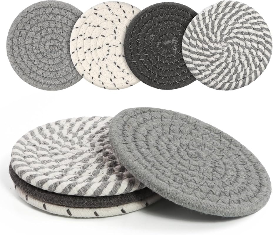 Absorbent Cotton Woven Coasters Set of 4, Boho Style 4-Color for Hot o