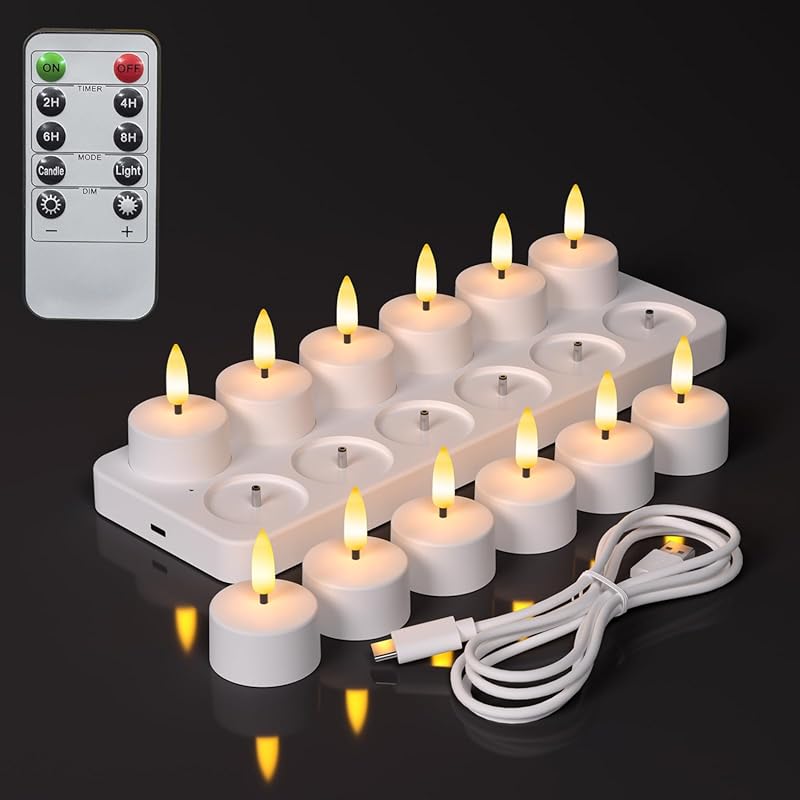 12-Pack Rechargeable Flameless LED Tea Lights with Remote, Timer, Char