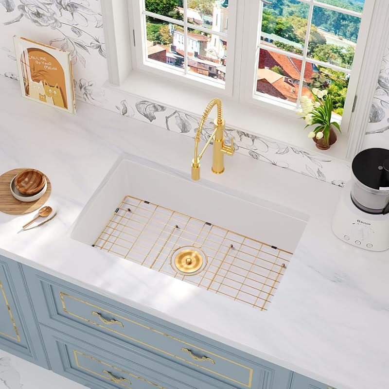 Rhbamoa 30-inch White Granite Composite Undermount Deep Kitchen Sink w