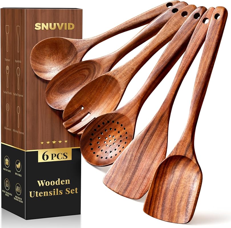 Premium 6-Piece Teak Wooden Kitchen Utensil Set: Nonstick Cookware Saf