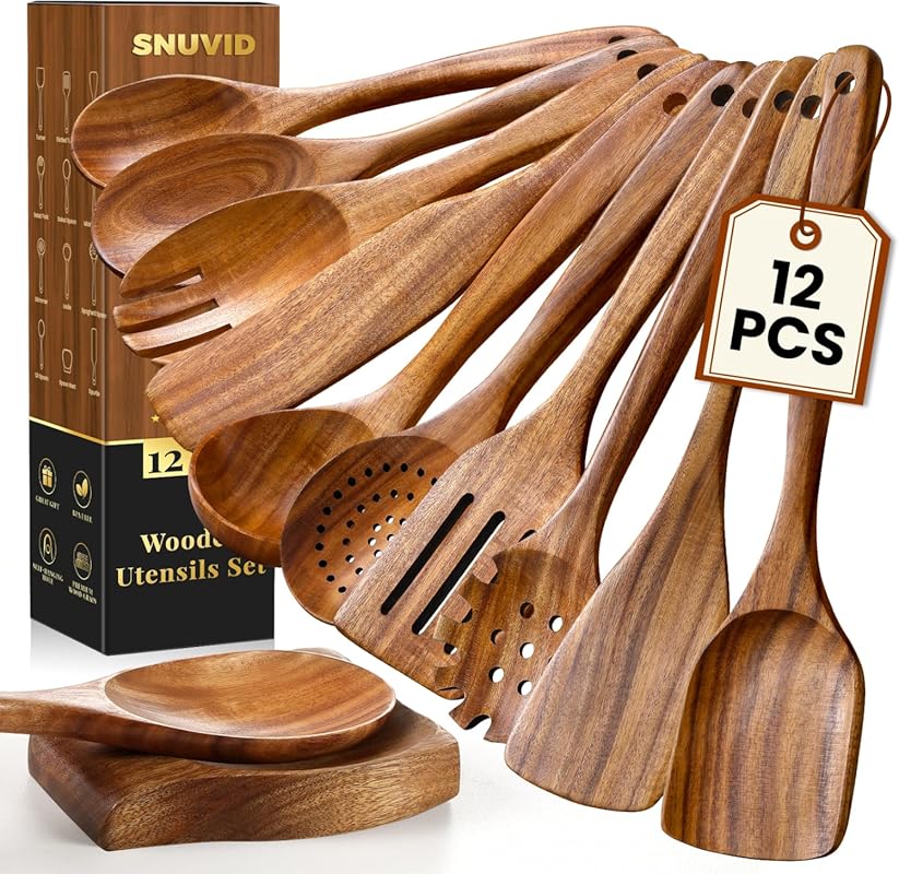 12-Piece Teak Wood Kitchen Utensils Set with Spoon Rest: Nonstick & He