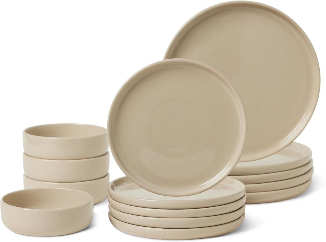 Amazon Basics 12-Piece Glazed Stoneware Dinnerware Set for 4, Dishwash