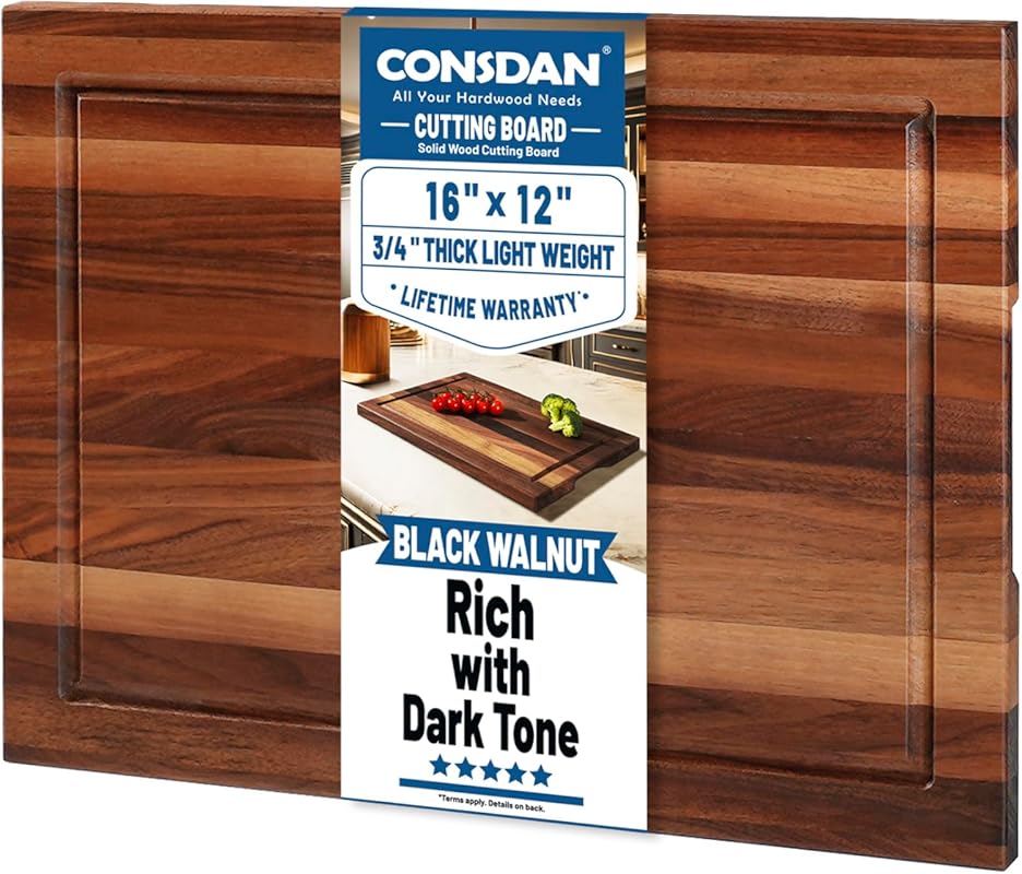 CONSDAN 16x12 Black Walnut Hardwood Cutting Board, Edge Grain Butcher