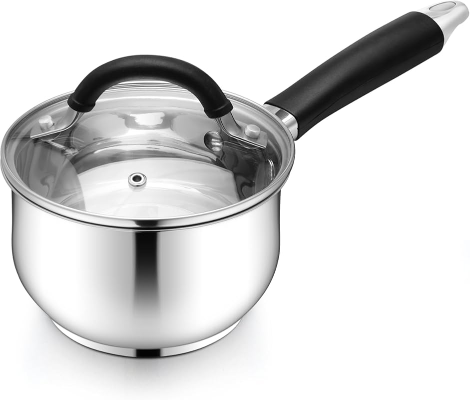 E-far 1 Quart Tri-Ply Stainless Steel Sauce Pan with Lid, Stay-Cool Ha