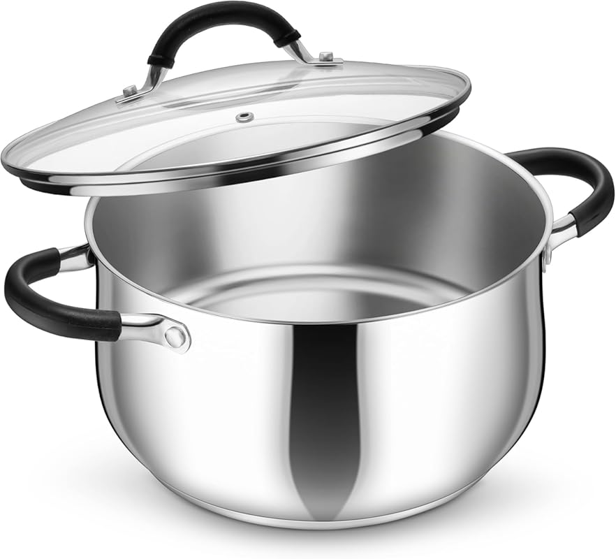 P&P CHEF 6 Qt Stainless Steel Stock Pot, Visible Lid, Tri-Ply Bottom,
