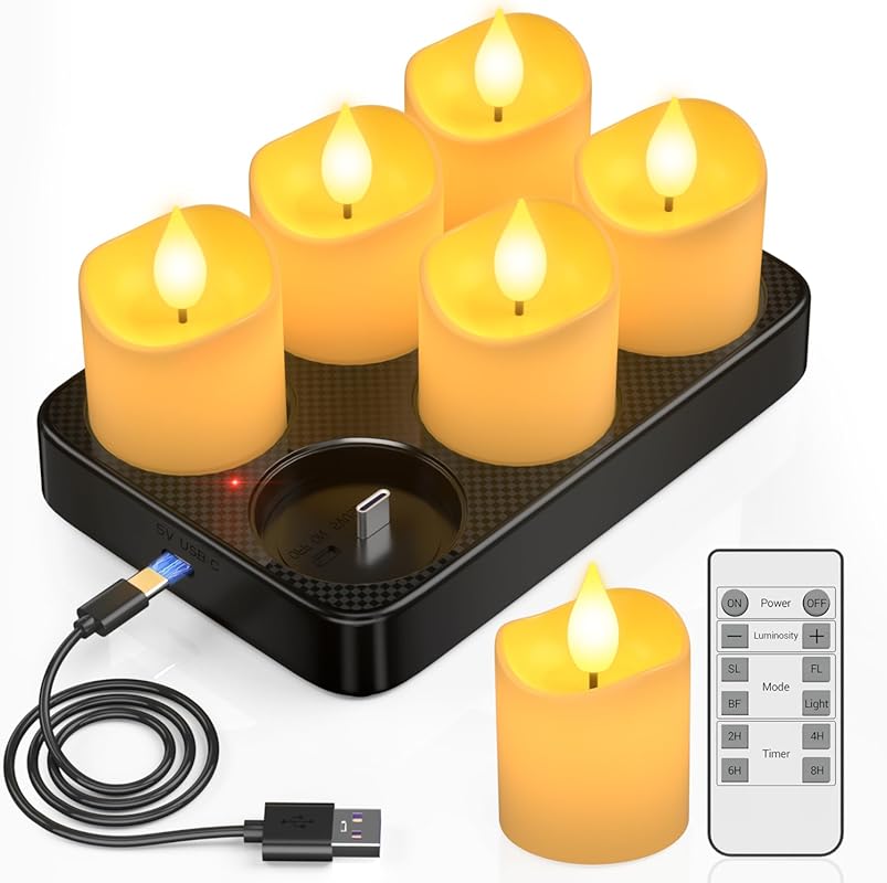 PChero 6-Pack Rechargeable Flameless LED Votive Tea Lights with Remote