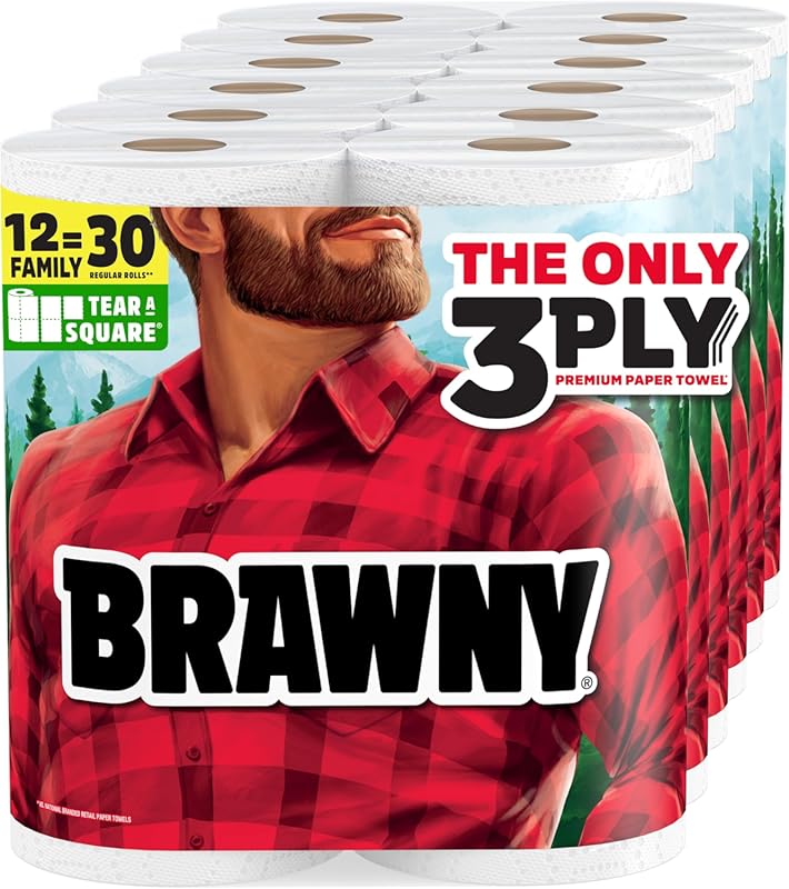 Brawny Tear-A-Square 3-Ply Paper Towels, Strong, Absorbent with 3 Shee