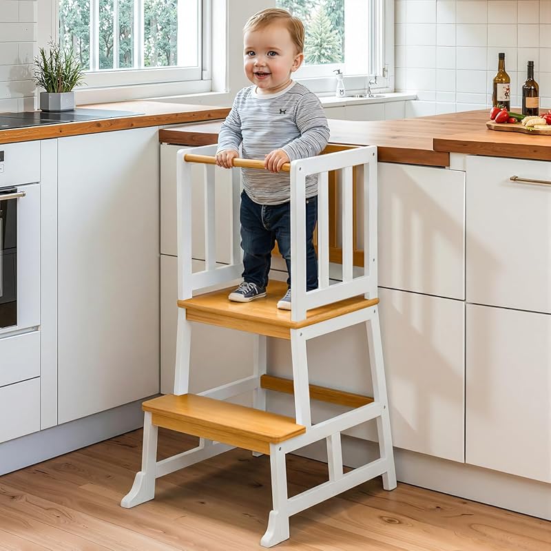 COSYLAND Stable A-Frame Wooden Toddler Kitchen Step Stool & Standing T