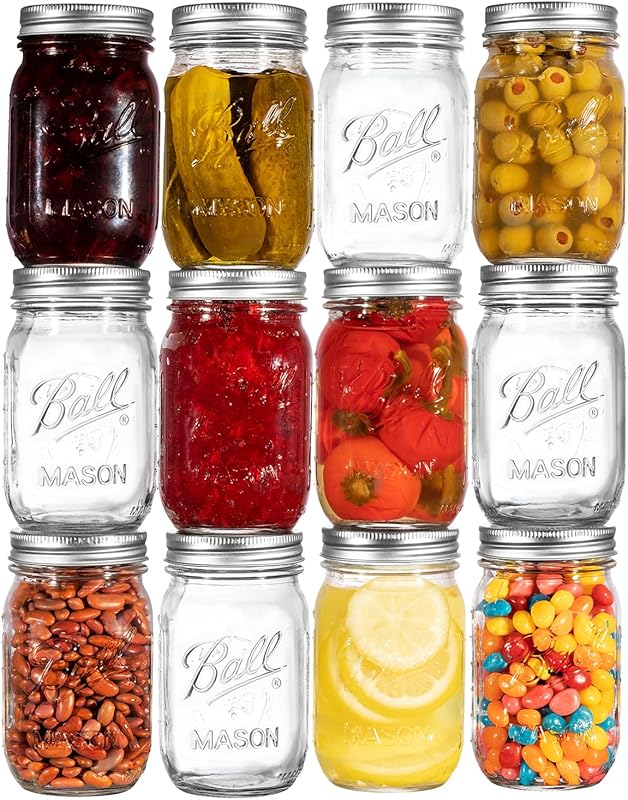 Ball Regular Mouth 16oz Pint Mason Jars, 12-Pack with Airtight Lids & 