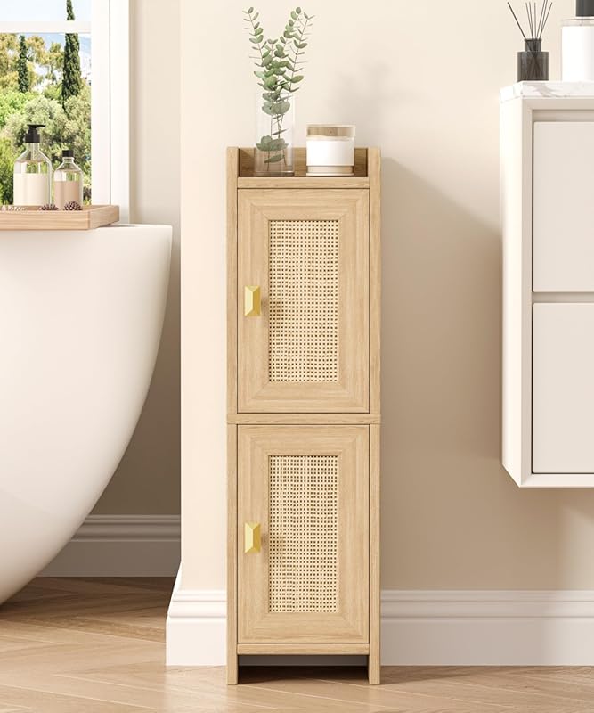 Rattan Small Bathroom Cabinet with 2 Doors & Adjustable Shelf for Narr