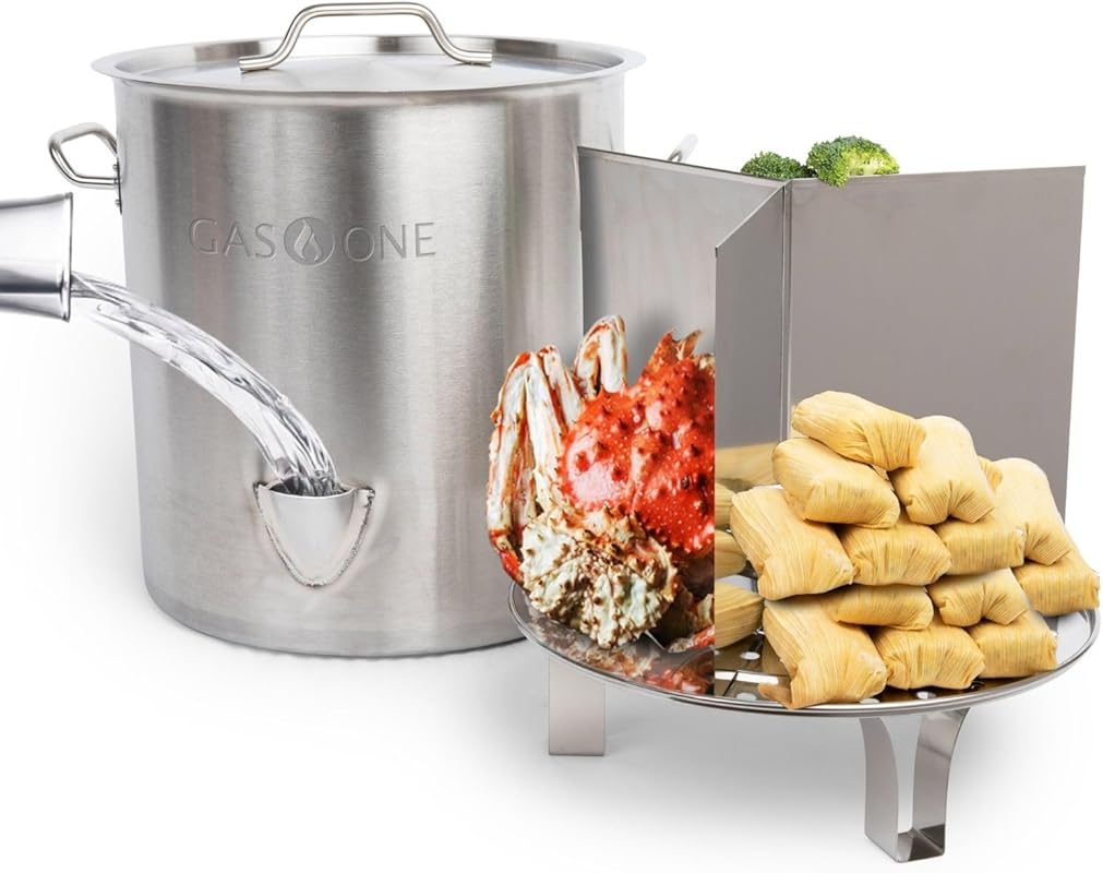 GasOne 40QT Stainless Steel Steamer Pot with Fill Spout, Rack, Divider