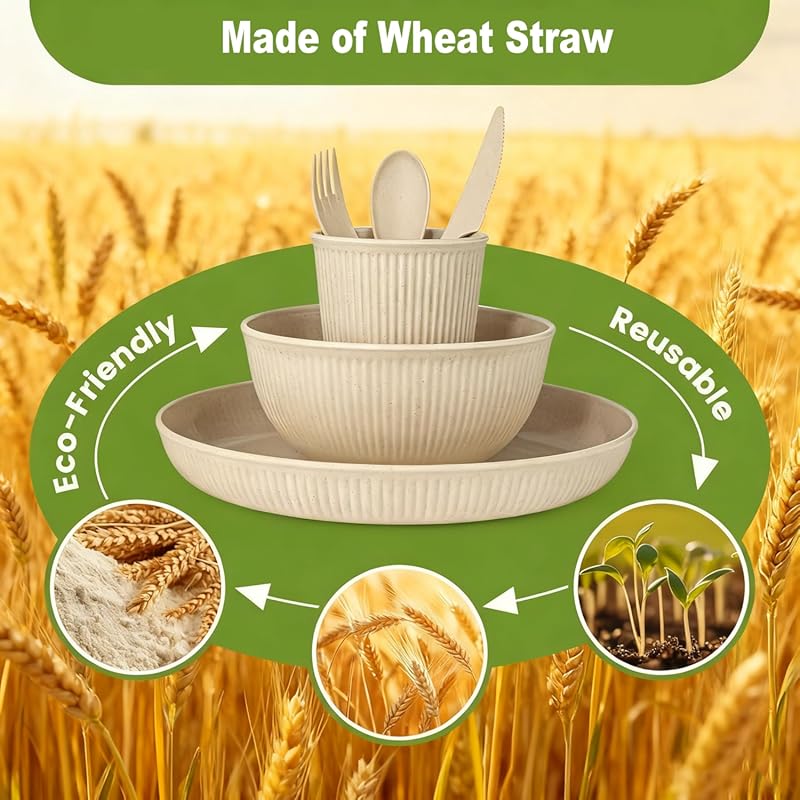 Farielyn-X 36-Piece Unbreakable Wheat Straw Dining Set for 6, Microwav