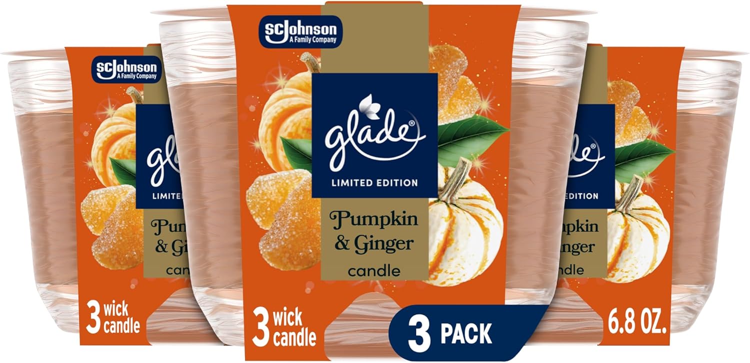 Glade Pumpkin & Ginger 3-Wick Scented Candle, Essential Oils Air Fresh