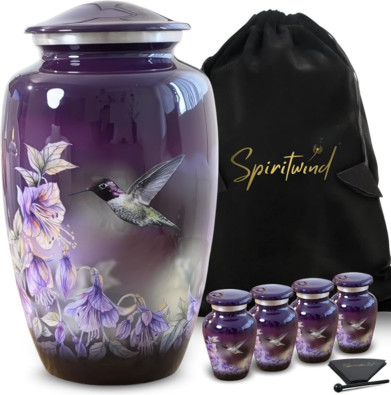 Set of 5 Anna's Hummingbird Urns for Human Ashes Adult, 1 Large Purple