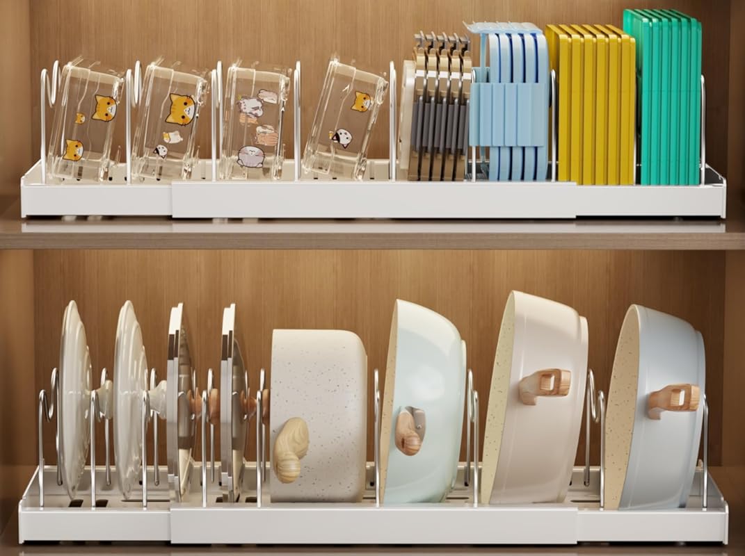 2 Pack Expandable Pots and Pans Lid Organizer with 9 Adjustable Divide