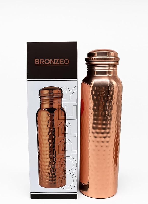 BRONZEO 100% Pure Copper Water Bottle, 954ml, Hammered Ayurvedic, Leak