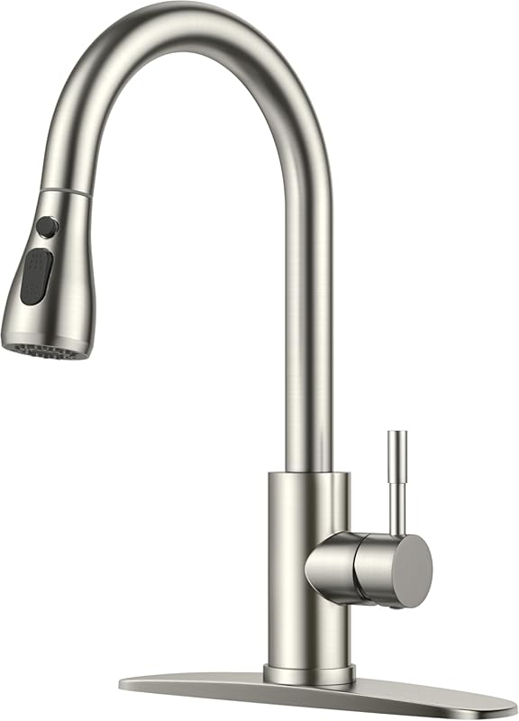 FORIOUS Brushed Nickel High Arc Pull Down Kitchen Bar Faucet, Single H