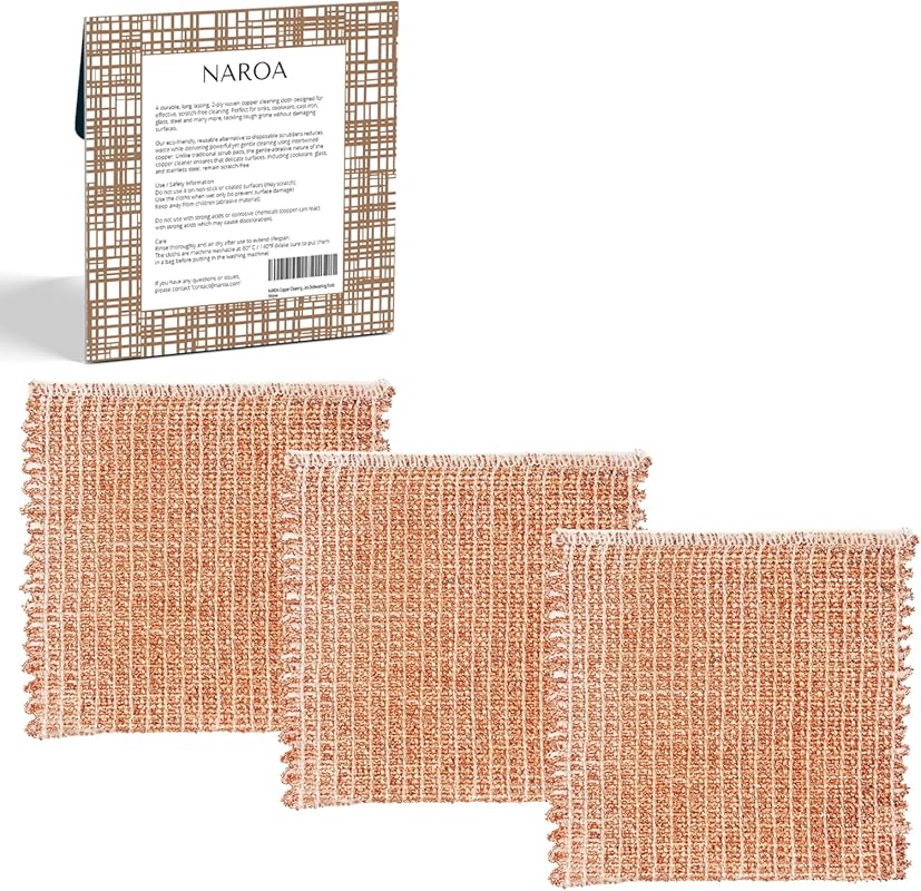 Naroa Copper Scrubbing Pads 3 Pack – 2-Ply Non-Abrasive Metal Scrubber