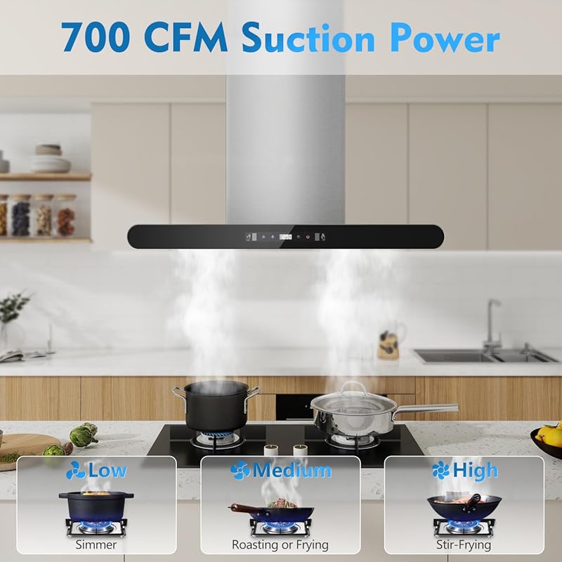 Tiesay 30 Inch Island Range Hood, 700 CFM, Dual-Sided, Touch/Gesture/R