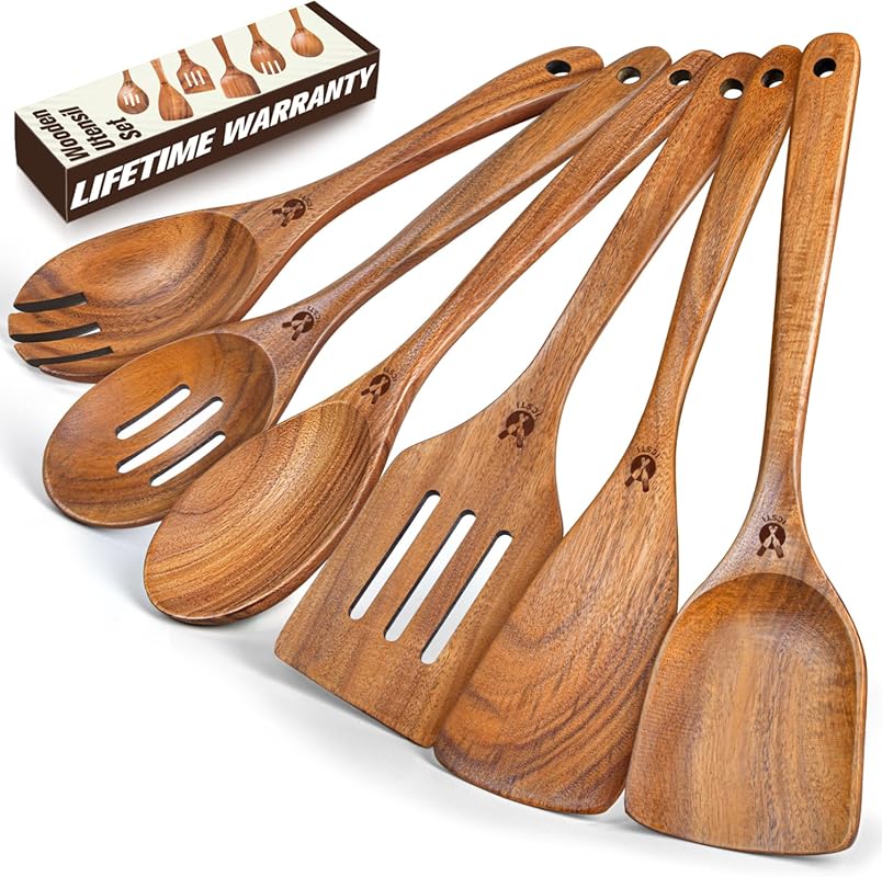 6-Piece Natural Teak Wooden Kitchen Utensil Set: Long, Comfort Grip Sp