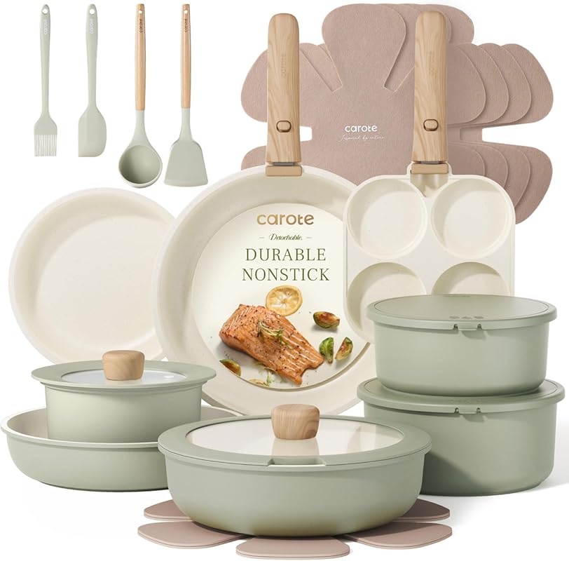CAROTE 25-Piece Non-Stick Cookware Set with Detachable Handle, Space S
