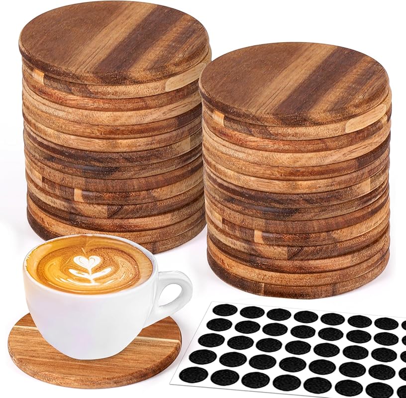26 Pcs 4 Inch Round Unfinished Acacia Wood Coasters with Non-Slip Dots
