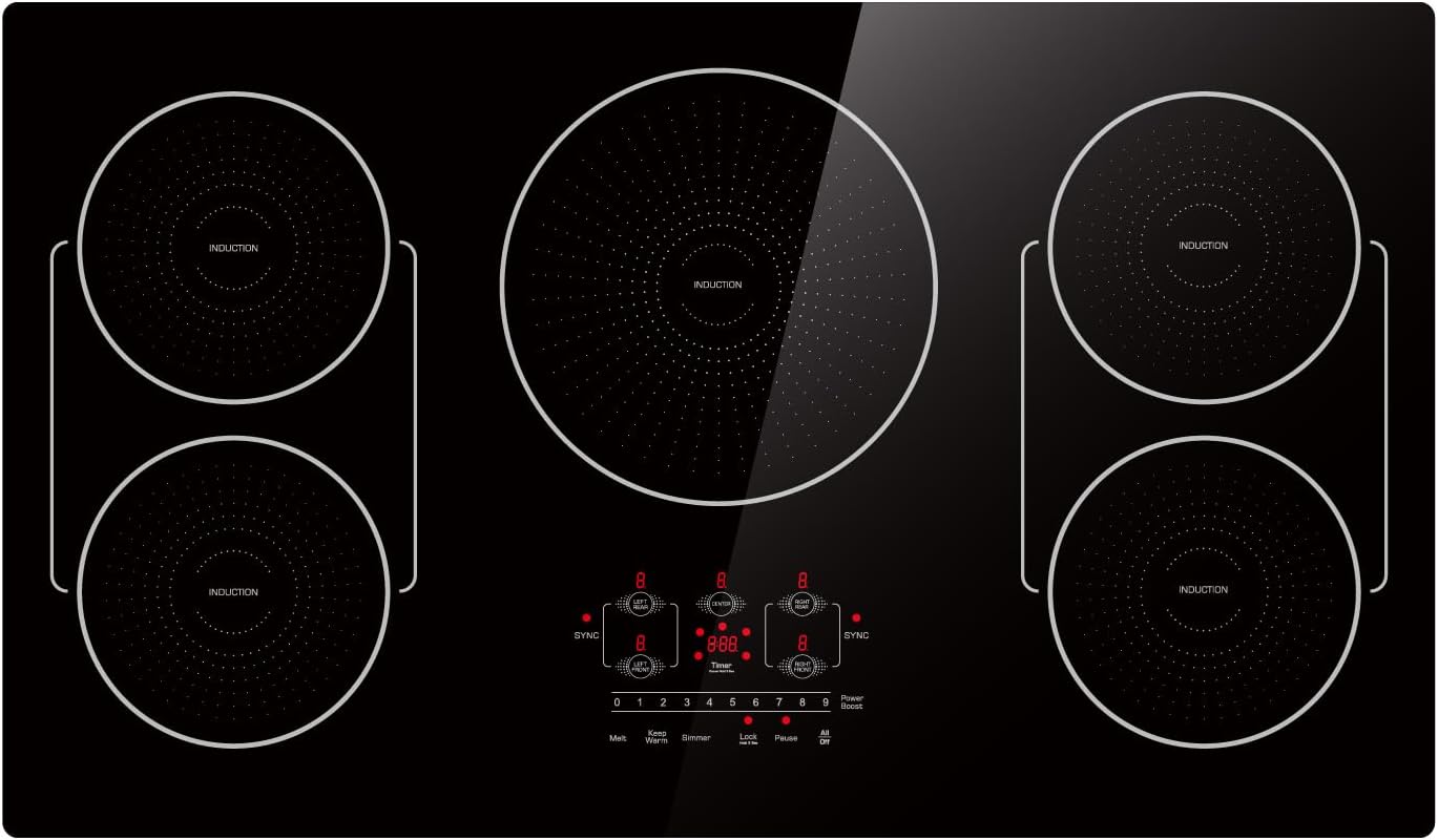 36 Inch Built-In Induction Cooktop, 5 Burners, Bridge-SYNC, Booster, T
