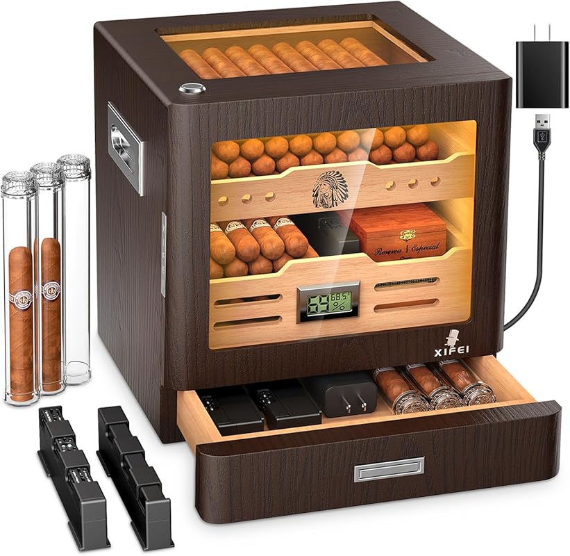 XIFEI Desktop Cedar Humidor Cabinet: Glass Top, LED Lighting, Digital 