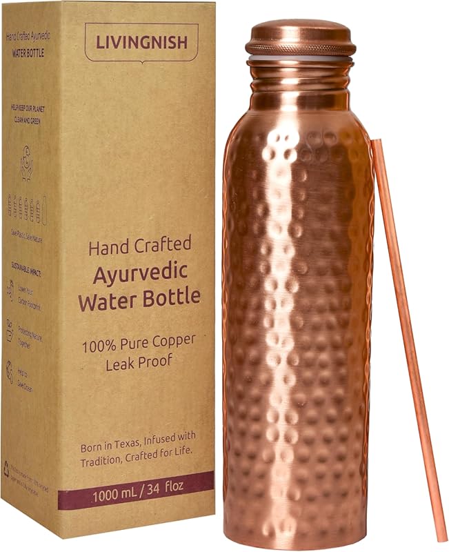 Extra Large 34 Oz 100% Pure Copper Water Bottle, Hammered Ayurvedic Ve